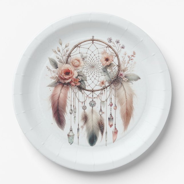 Floral Crystal Feather Dreamcatcher Boho Sweet 16 Paper Plate (Front)