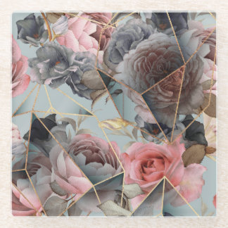 Floral crystal geometry, watercolor light backgrou glass coaster