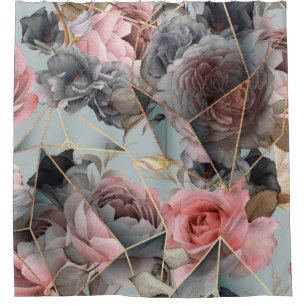 Floral crystal geometry, watercolor light backgrou shower curtain