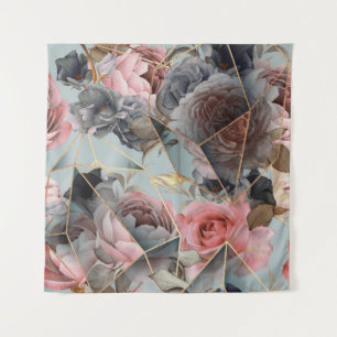 Floral crystal geometry, watercolor light backgrou tapestry