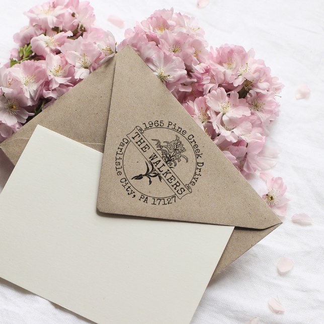 Floral Custom Family Name Return Address Stamp (floral circle stamp with family name and address on the craft envelope)