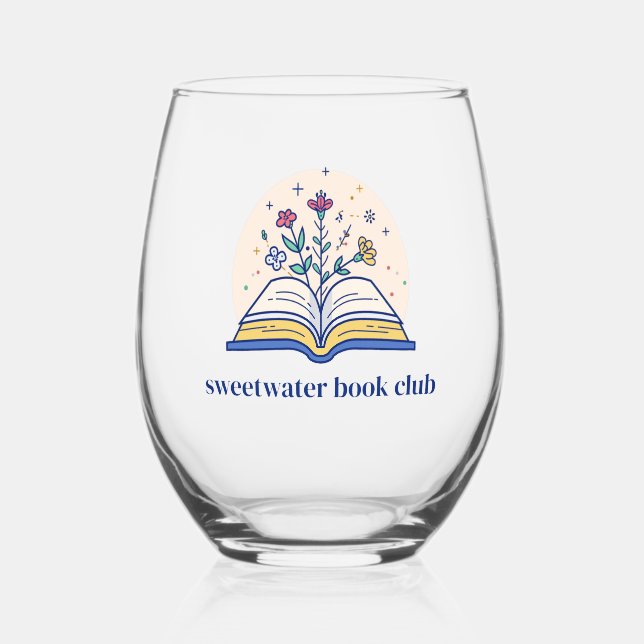 Floral Custom Name Book Club Stemless Wine Glass (Front)