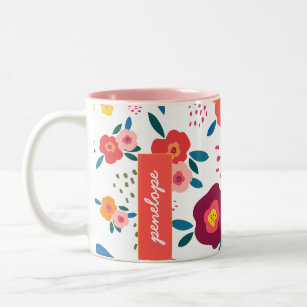 Floral Custom Name Pattern Coral Personalised Two-Tone Coffee Mug