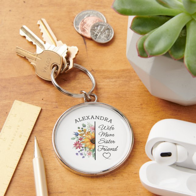 Floral Custom Name & Text Wife Mum Sister Friend  Key Ring (Desk)
