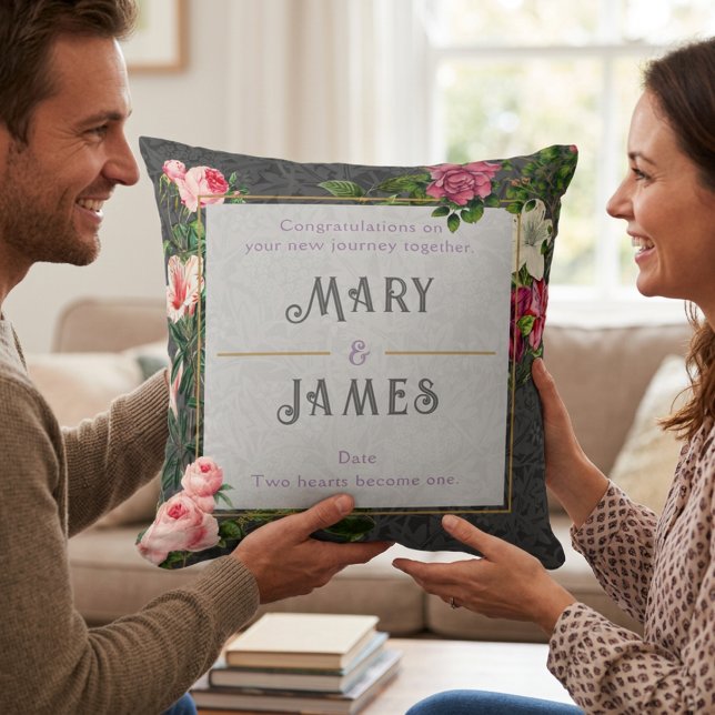 Floral Custom Text Wedding Anniversary Gift Grey Cushion (Floral Custom Text Wedding Anniversary Gift Gray Throw Pillow)