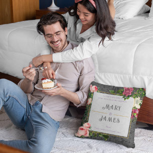 Floral Custom Text Wedding Anniversary Gift Grey Cushion