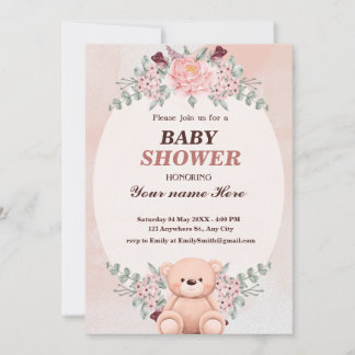 Floral Cute Bear Baby shower invitations for Girls