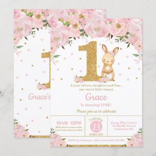 Floral Cute Bunny Rabbit Girl 1st Birthday Party Invitation