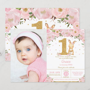 Floral Cute Bunny Rabbit Girl 1st Birthday Photo Invitation