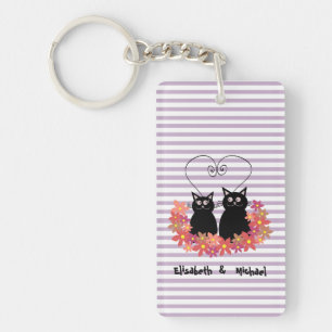 Floral cute cartoon cats love couple personalised key ring