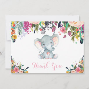 Floral Cute Elephant Baby Girl Pink and Grey Thank You Card