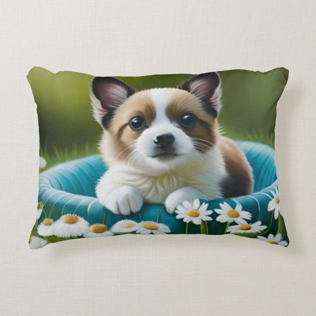 Floral cute little dog in dazies decorative cushion (Front)