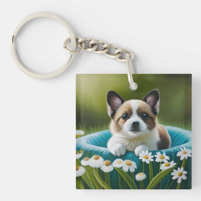 Floral cute little dog in dazies key ring (Front)