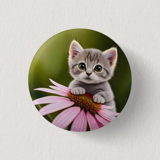 Floral cute little grey cat  3 cm round badge (Front)