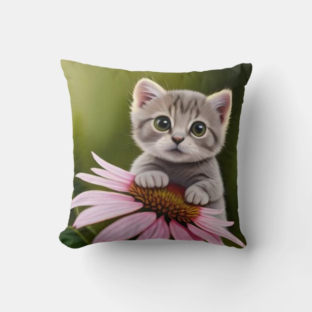 Floral cute little grey cat  cushion (Front)