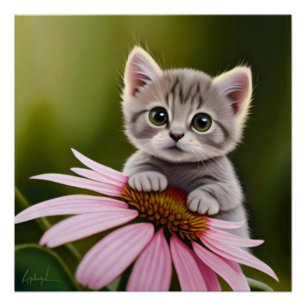 Floral cute little grey cat poster