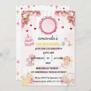 Floral – Cute Pastel Baby 1st Birthday Party Invitation