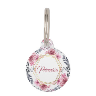 Floral Cute Pink Gold Geometric Frame Pet Tag