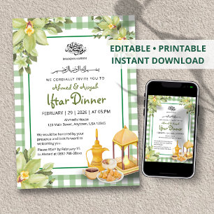Floral Cute Sage Green Gingham Ramadan Iftar Invitation