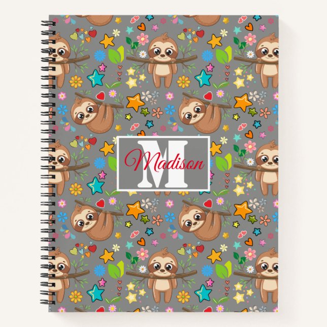 Floral Cute Sloth Pattern | Modern Monogrammed Notebook (Front)