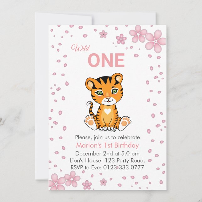 Floral Cute Wild One Tiger 1st Birthday Invitation (Front)
