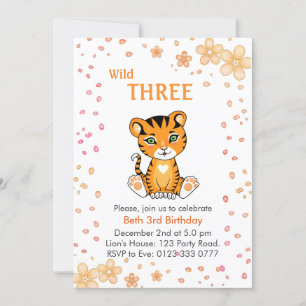 Floral Cute Wild Three Tiger 3rd Birthday Invitation