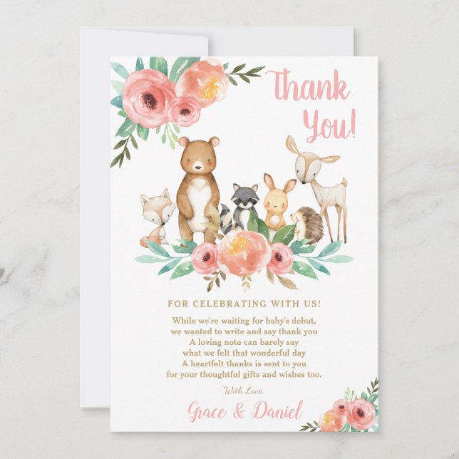 Floral Cute Woodland Animals Baby Shower Girl Thank You Card (Front)
