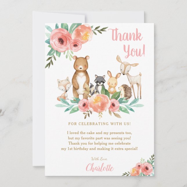 Floral Cute Woodland Animals Girl Birthday Party Thank You Card (Front)