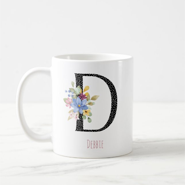 Floral D Monogram Name Black Polka Dot Coffee Mug (Left)