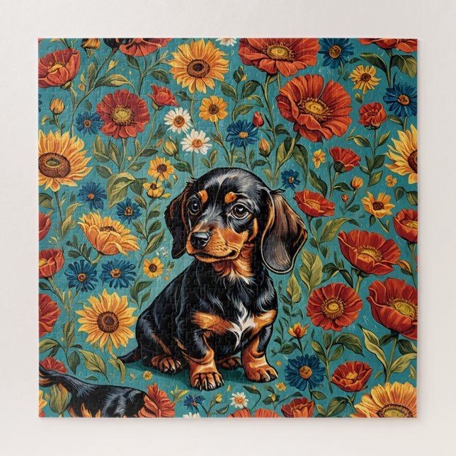 "Floral Dachshund Delight – Colourful Dog Puzzle" Jigsaw Puzzle (Vertical)