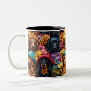 Floral Dachshund Seamless Pattern - Dog Lovers Two-Tone Coffee Mug