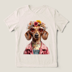 Floral Dachshund with Vintage Style Tri-Blend Shirt