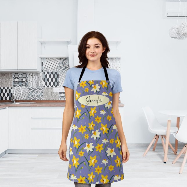 Floral Daffodil Flower Pattern with Custom Name Apron (Creator Uploaded)