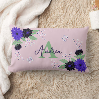 Floral Dahlia Bloom Bouquet Custom Monogram Name Lumbar Cushion