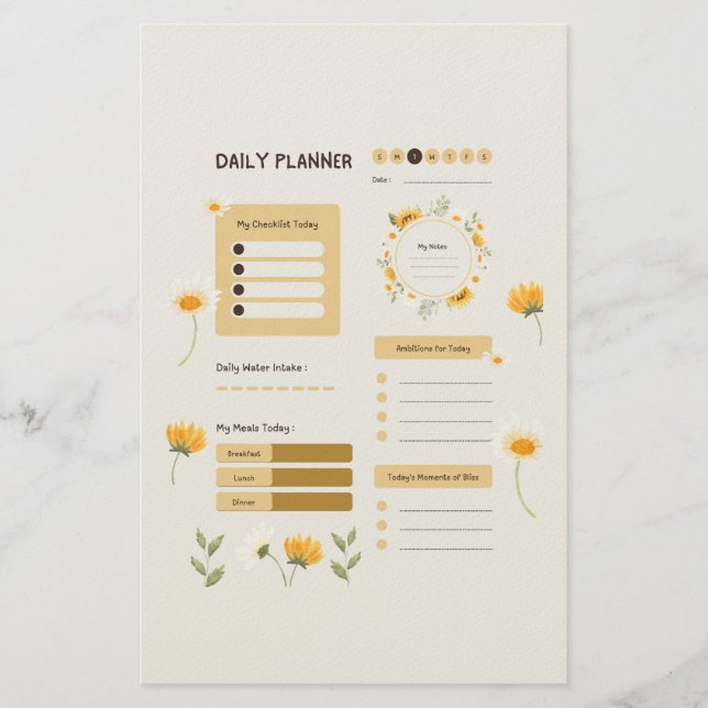 Floral Daily Planner with Sunflowers & Daisies Stationery (Front)