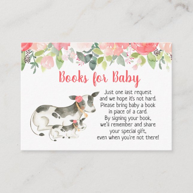 Floral Dairy Cow Baby Shower Book Request Cards (Front)