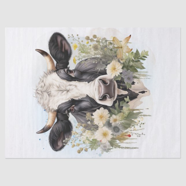 Floral Dairy Cow Holstein Friesian Watercolor Tissue Paper (Front)