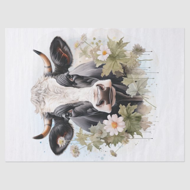Floral Dairy Cow Holstein Friesian Watercolor Tissue Paper (Front)