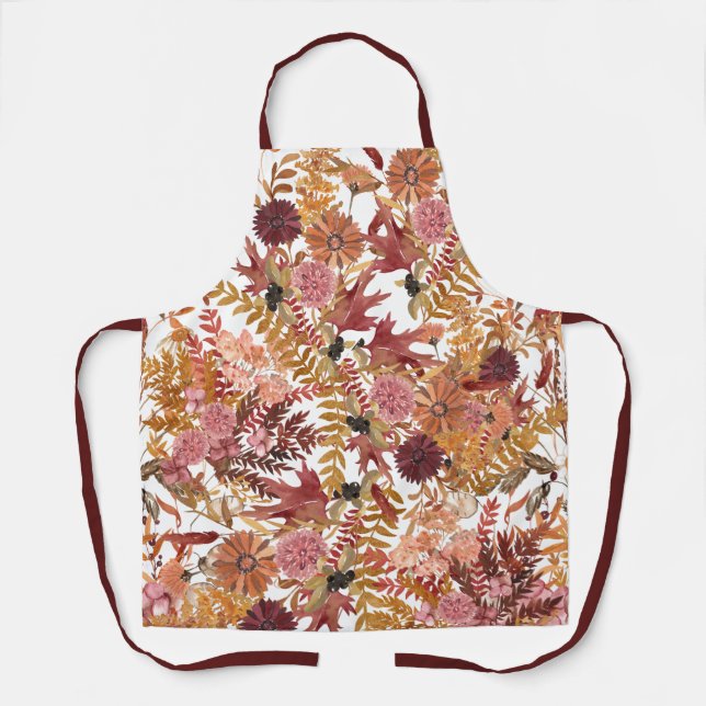 Floral Daisies Dahlias Red Gold Shades Apron (Front)