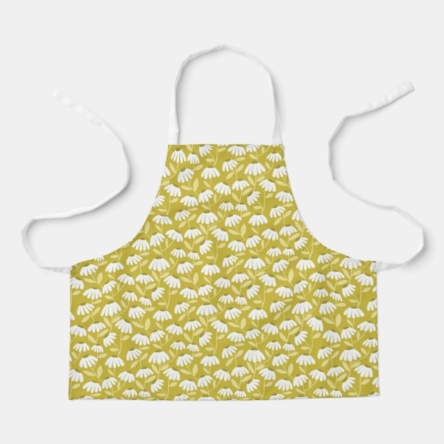 Floral Daisies Pattern Dark Gold & Olive Green Apron (Front)