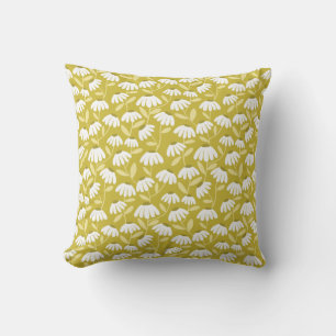 Floral Daisies Pattern Dark Gold & Olive Green Cushion