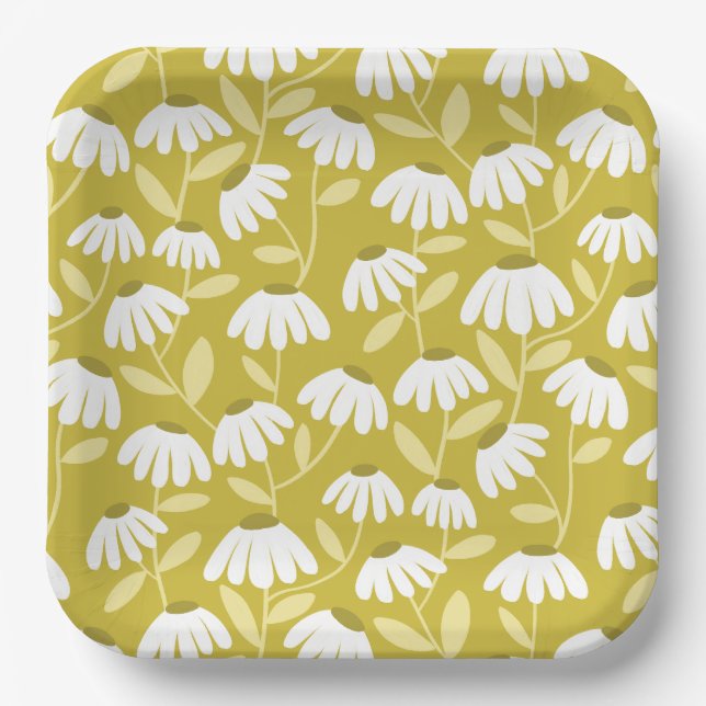 Floral Daisies Pattern Olive & Mustard Green Paper Plate (Front)