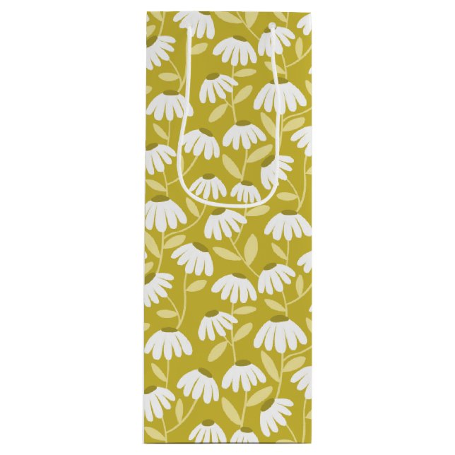 Floral Daisies Pattern Olive & Mustard Green Wine Gift Bag (Front)