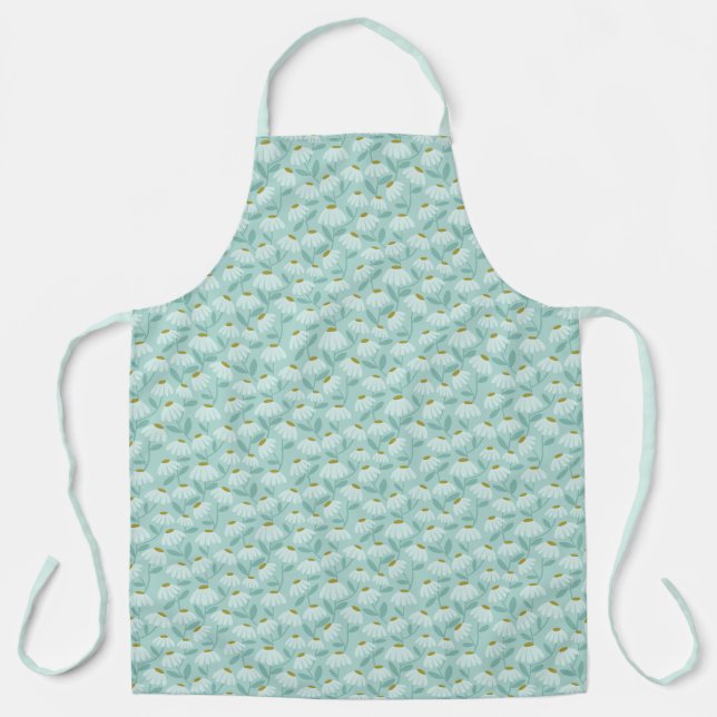 Floral Daisies Pattern Teal Blue & Olive Green Apron (Front)