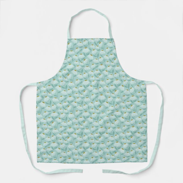 Floral Daisies Pattern Teal Blue & Olive Green Apron (Front)