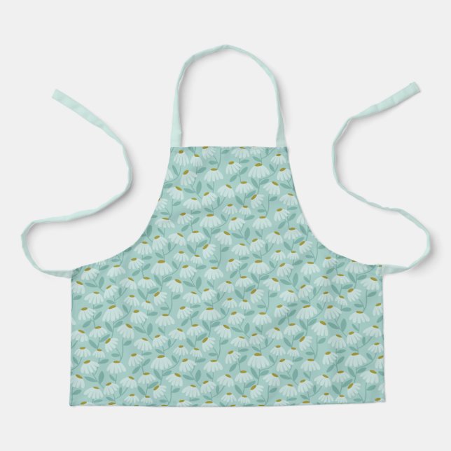 Floral Daisies Pattern Teal Blue & Olive Green Apron (Front)