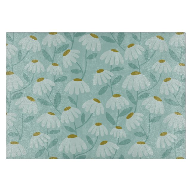 Floral Daisies Pattern Teal Blue & Olive Green Cutting Board (Front)