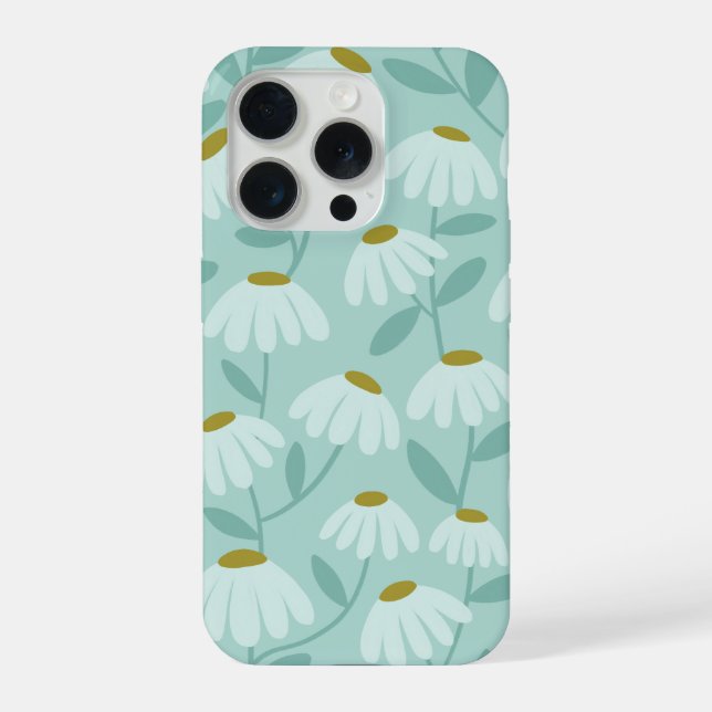 Floral Daisies Pattern Teal Blue & Olive Green iPhone Case (Back)
