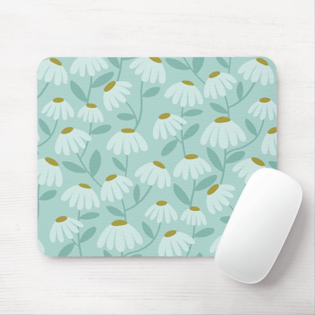 Floral Daisies Pattern Teal Blue & Olive Green Mouse Pad (With Mouse)