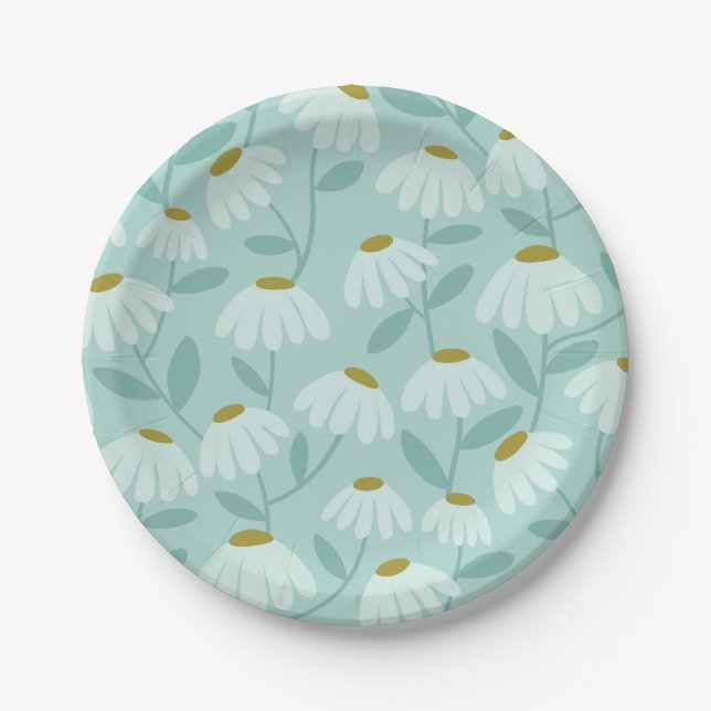 Floral Daisies Pattern Teal Blue & Olive Green Paper Plate (Front)